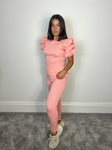 Pink ruffle shoulder co-ord