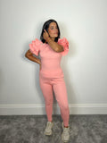Pink ruffle shoulder co-ord